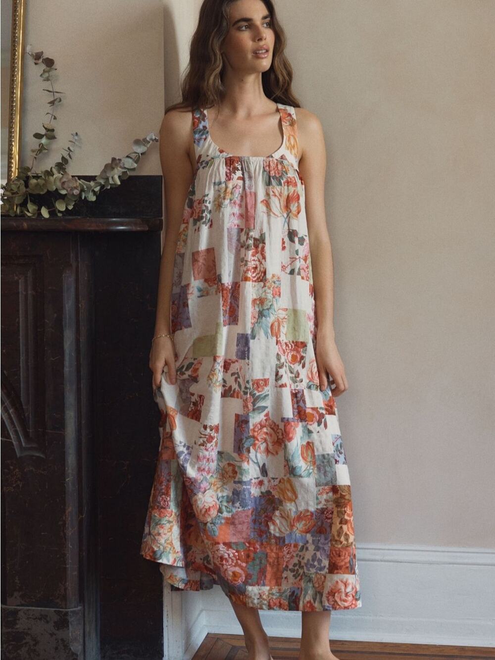 Anthropologie LyreBird Printed Tie Back Nap Dress Midi Floral Print Cotton Large